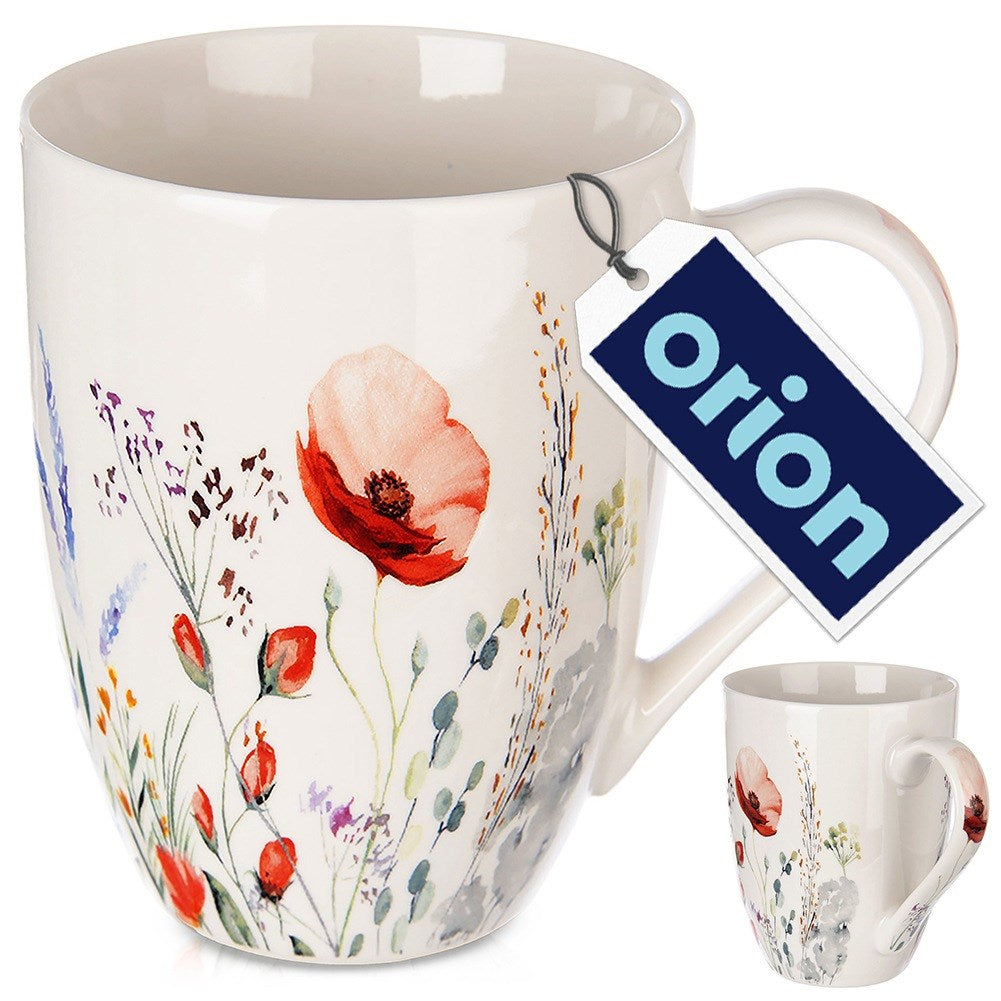 Una taza blanca con estampado floral y etiqueta Orion.