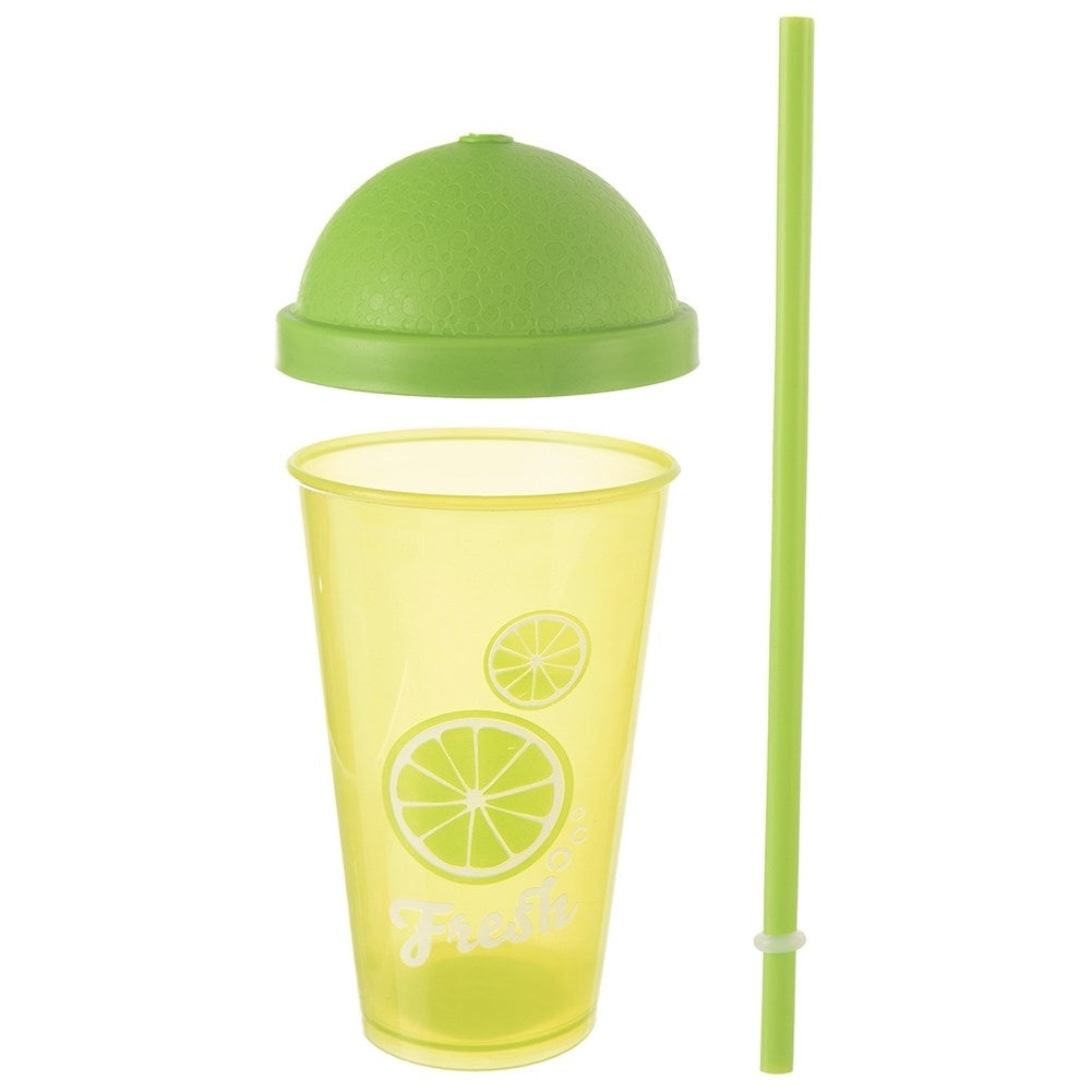 Un vaso amarillo con diseño de limón, tapa verde y pajita.