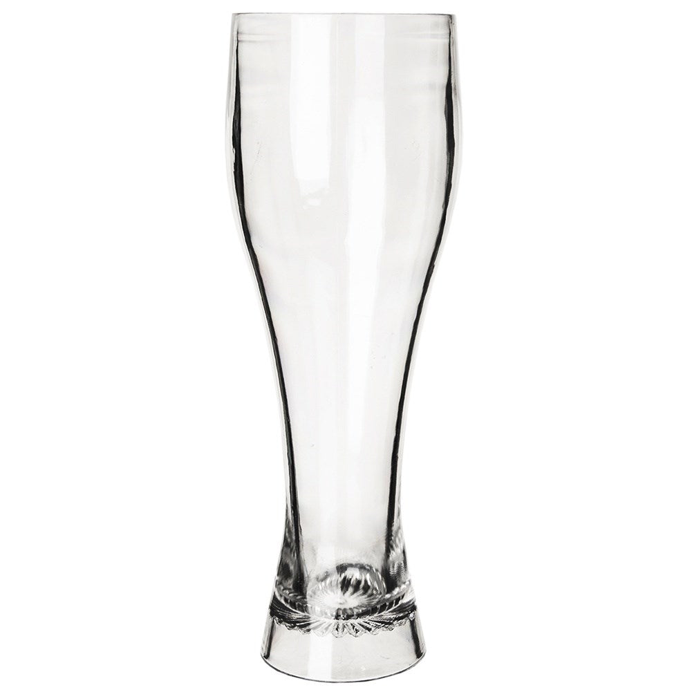 Un vaso vacío y transparente con lados curvos y base decorada.