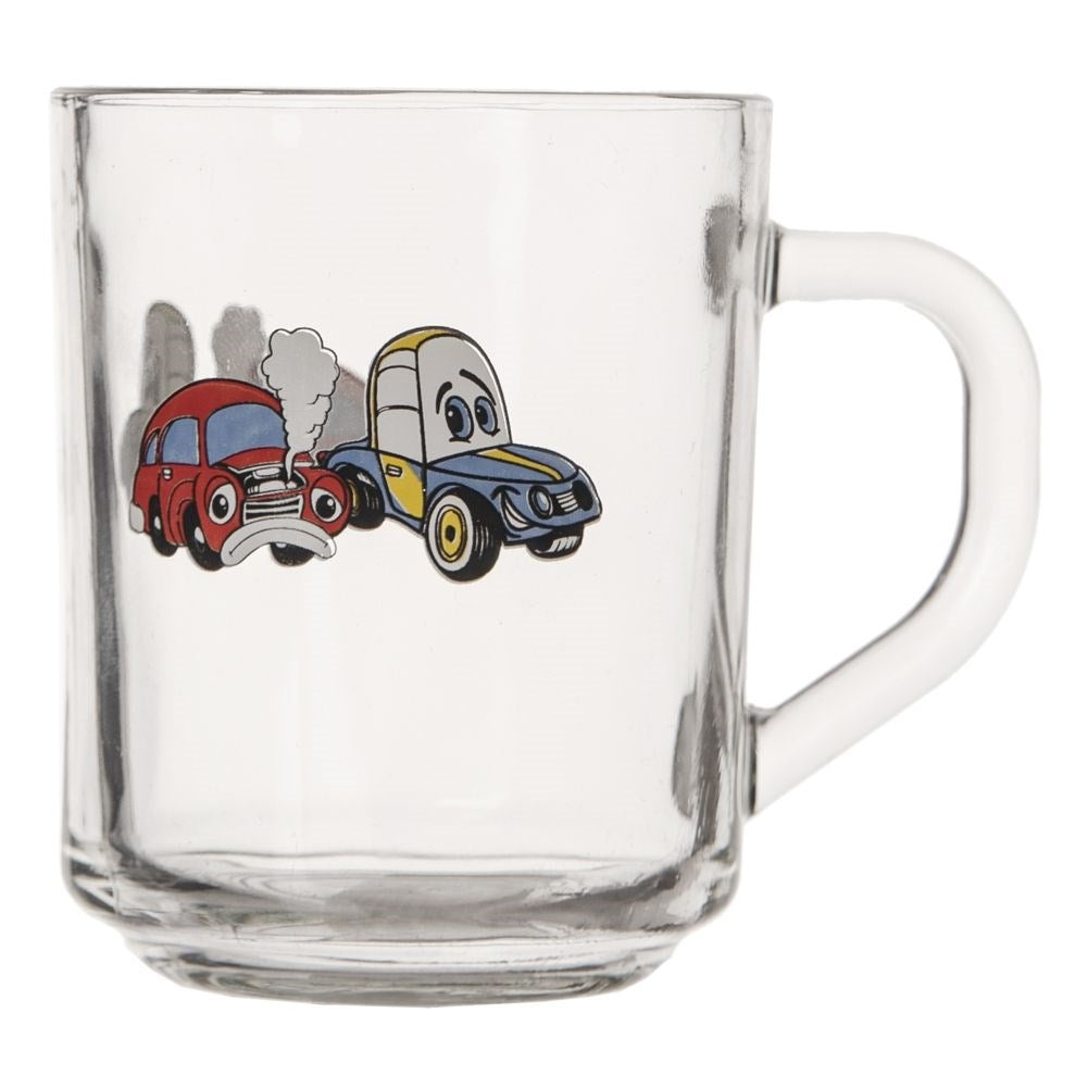Un coche de dibujos animados rojo y uno azul están en un vaso.
