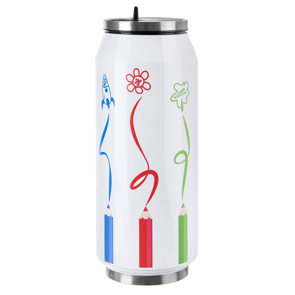 Una lata blanca con lápices de colores y dibujos de cohete y flores.