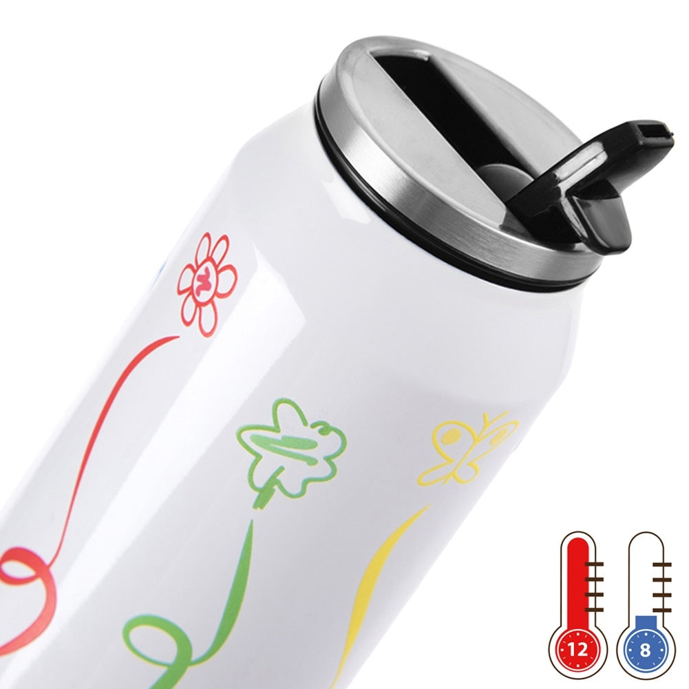 Termo blanco con flores y mariposas coloridas, con tapa abatible.