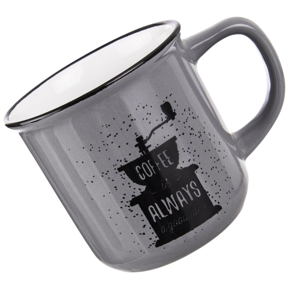 Taza gris con gráfico de molinillo de café negro y texto: "EL CAFÉ SIEMPRE es una buena idea."