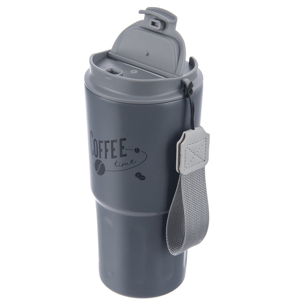 Un termo gris con tapa gris y correa de tela gris. El texto dice 'Coffee time'.
