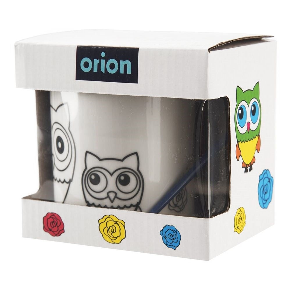 Embalaje Orion con taza blanca con diseño de búhos y rosas.