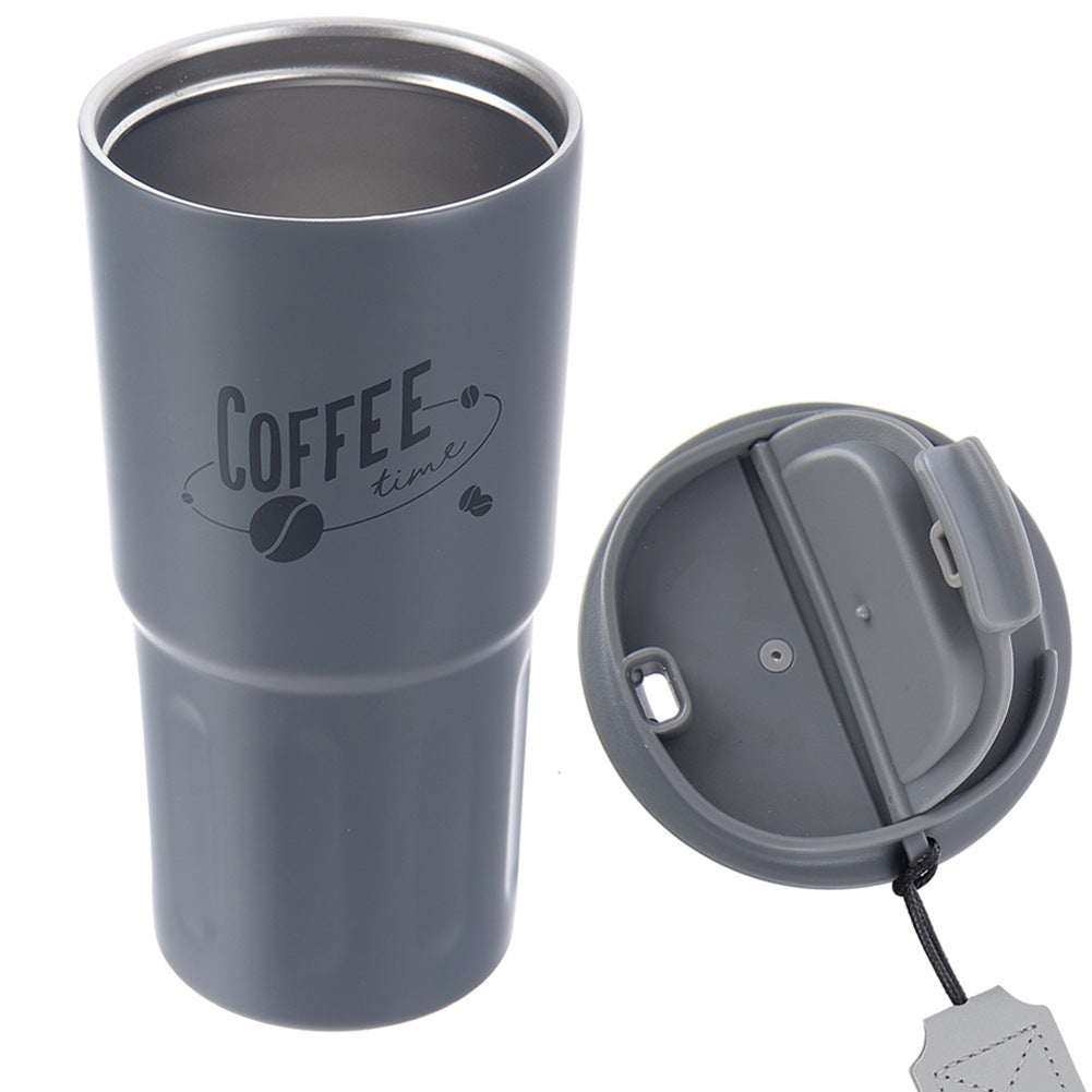 Se muestra un termo gris con tapa. El texto dice 'Coffee time'.