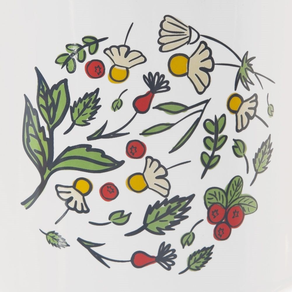 Una disposición circular de hojas, bayas y pequeñas flores sobre fondo blanco.