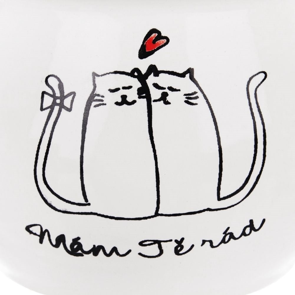 Dos gatos estilizados abrazándose, con un corazón rojo encima y texto.