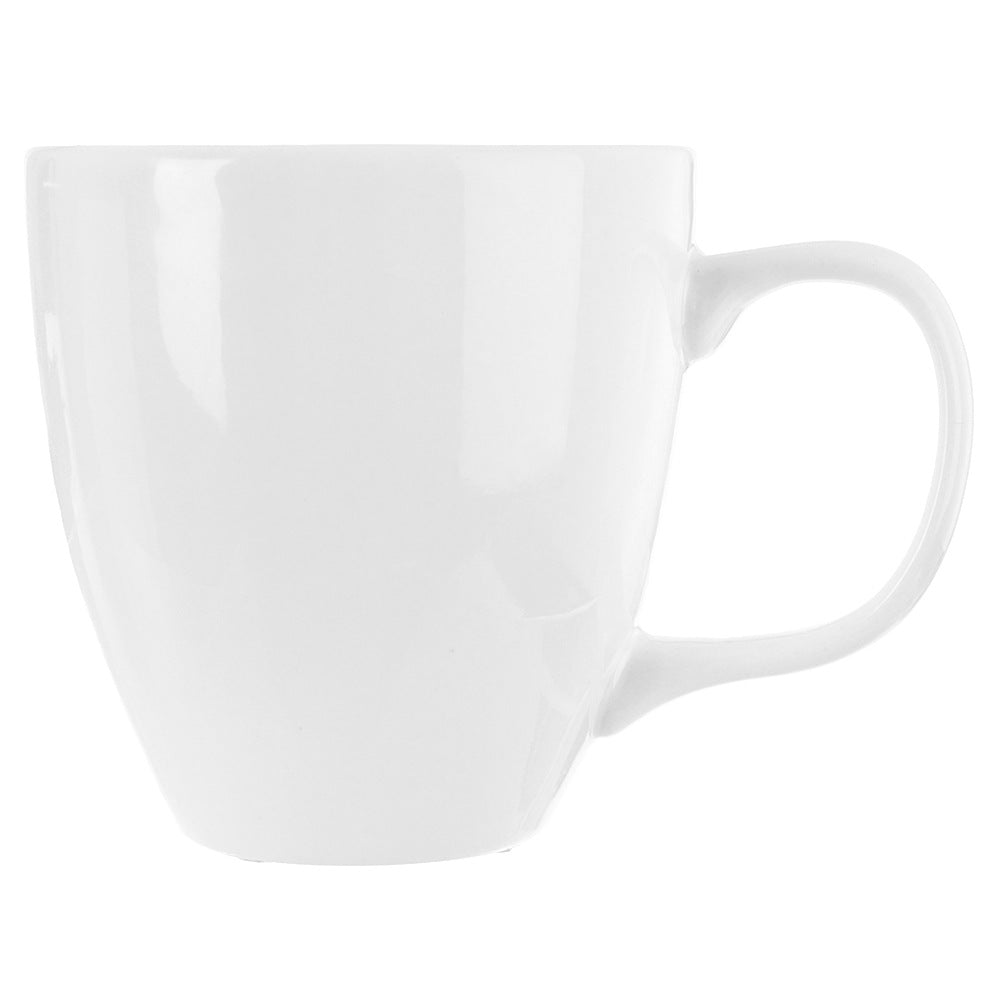 Una taza de cerámica blanca con asa, vista de lado.