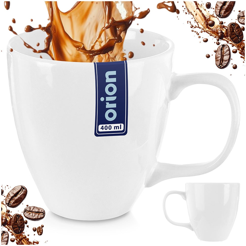 Taza blanca con salpicaduras de café y granos. Tiene una etiqueta 'orion 400 ml'.
