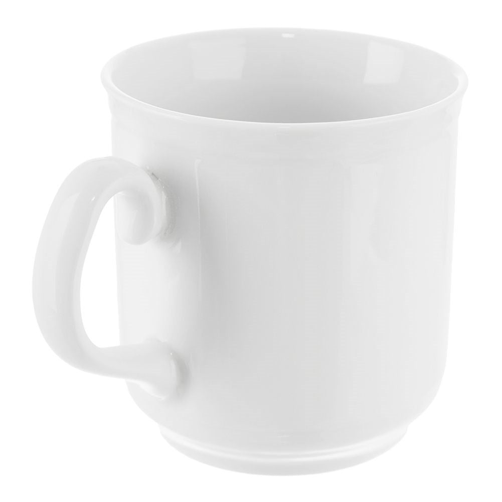 Una taza de cerámica blanca con asa sobre fondo blanco.