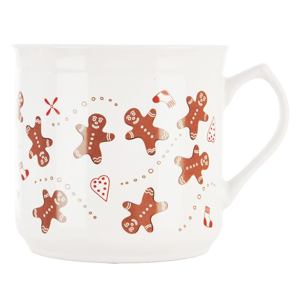 Taza blanca decorada con hombres de jengibre, corazones y círculos.