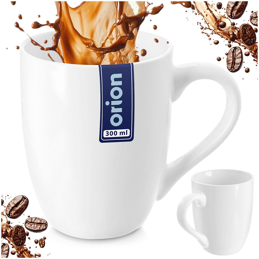 Taza de café blanca con salpicaduras y granos, capacidad 300 ml.