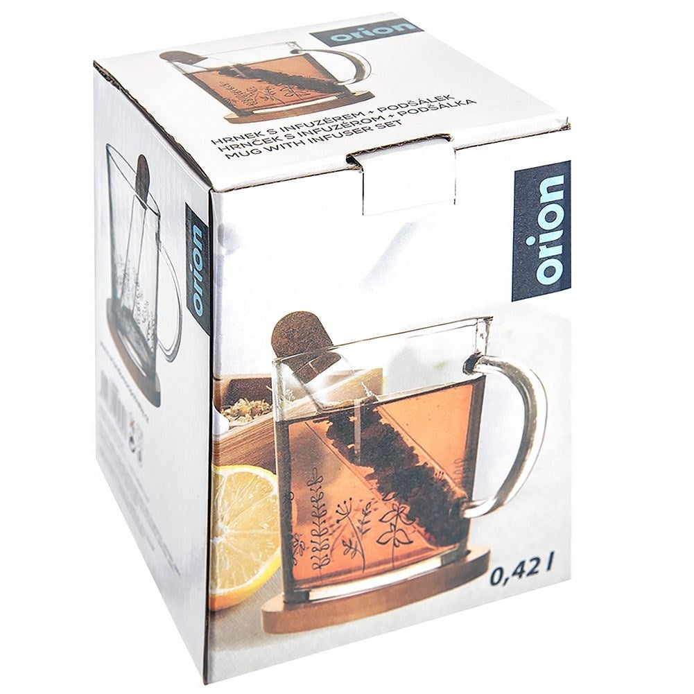 Caja de taza Orion con infusor, muestra limón y bolsita de té.