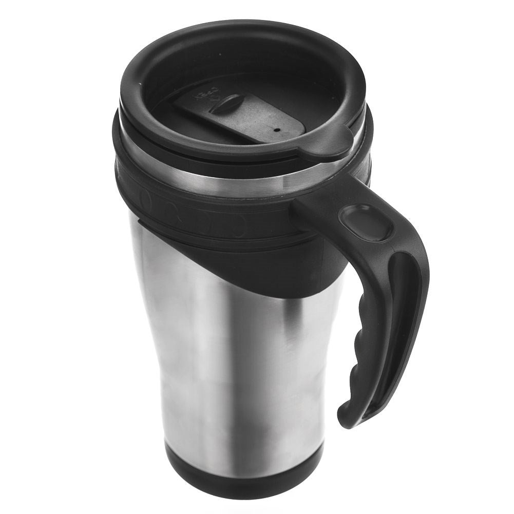 Taza de viaje de acero inoxidable con asa y tapa negras.
