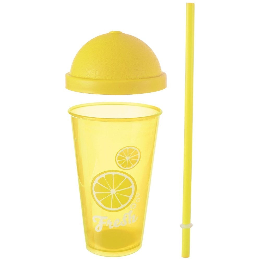 Vaso amarillo con diseño de limón, tapa y pajita.