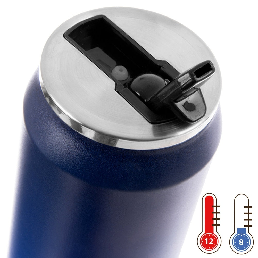 Termo azul con tapa plateada y pajita plegable. Dos termómetros muestran 12 y 8.