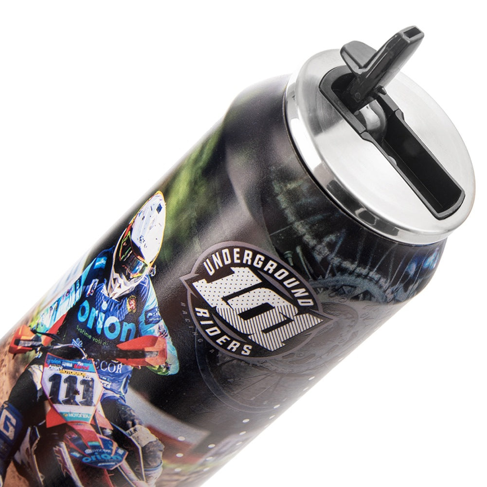 Botella de agua con diseño de motociclista y logo "Underground Riders".