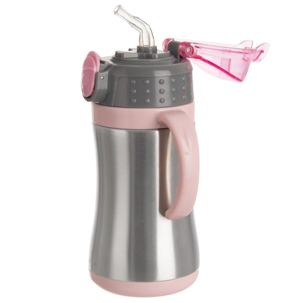 Una botella termo plateada con asa y tapa rosa, con pico vertedor.