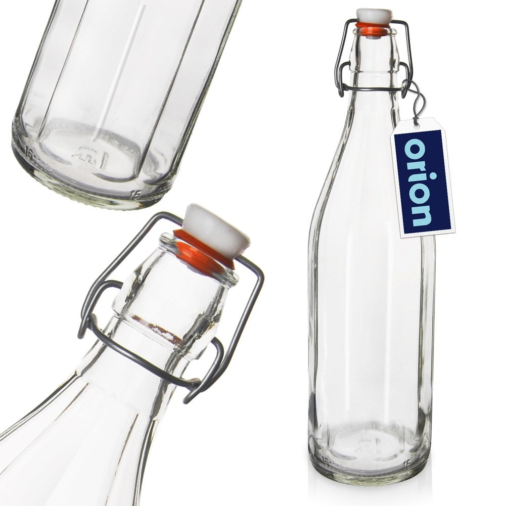 Una botella de vidrio vacía con tapa abatible y etiqueta 'orion'.