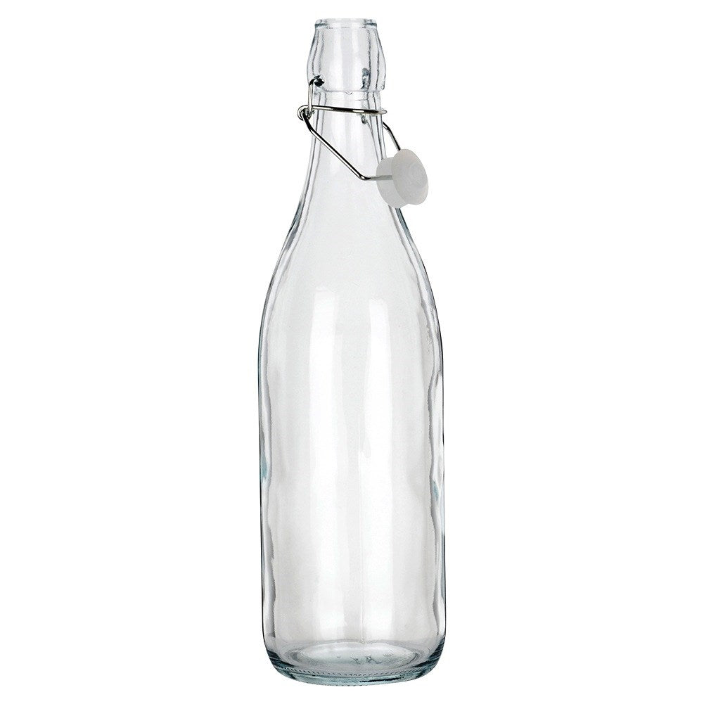 Una botella de vidrio transparente con cierre abatible plateado y tapón de goma.