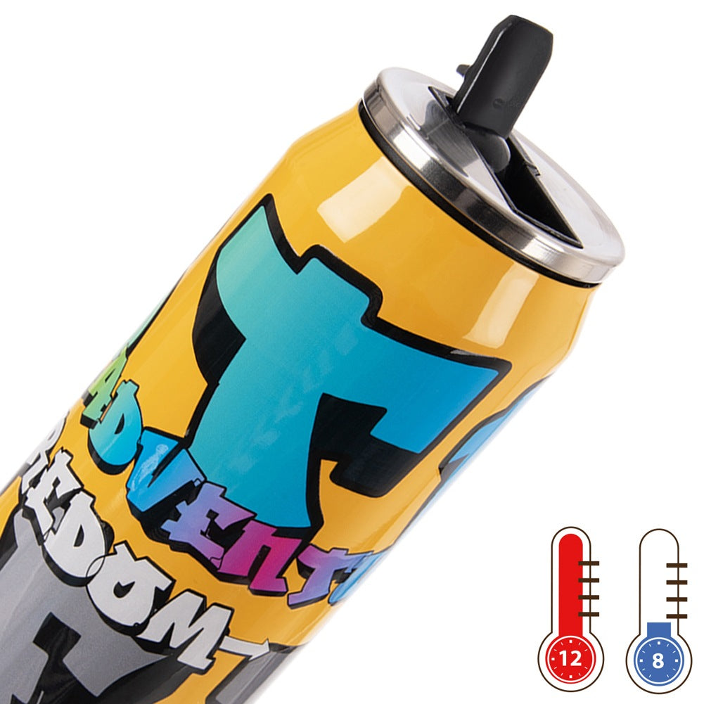 Lata amarilla con texto de graffiti colorido y un pico. Dos termómetros al lado.
