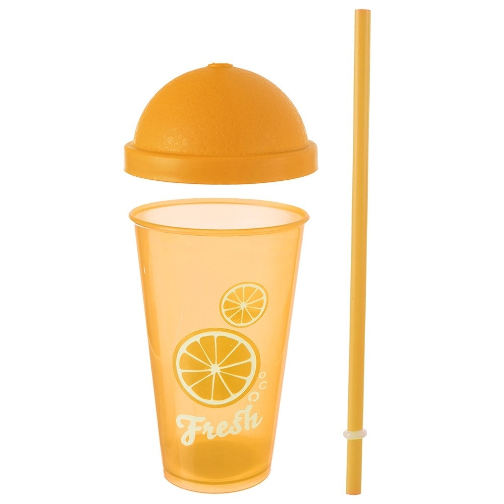 Un vaso naranja translúcido con estampado de rodaja de limón, tapa y pajita.