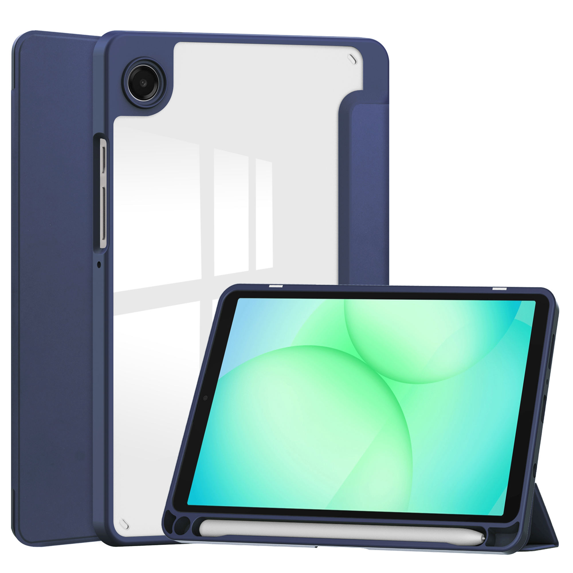Een blauwe tablet met penhouder staat op een achterkant met cameramodule.