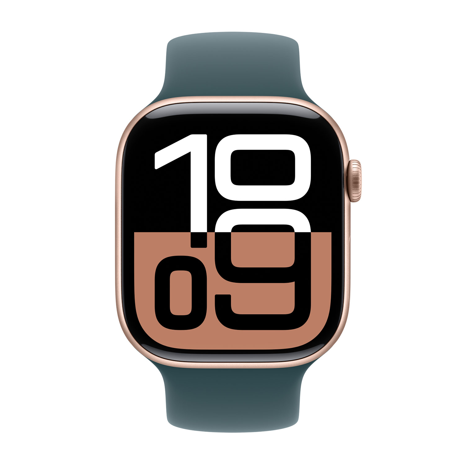 A smartwatch with a teal band and rose gold case, displaying the time 10:09.