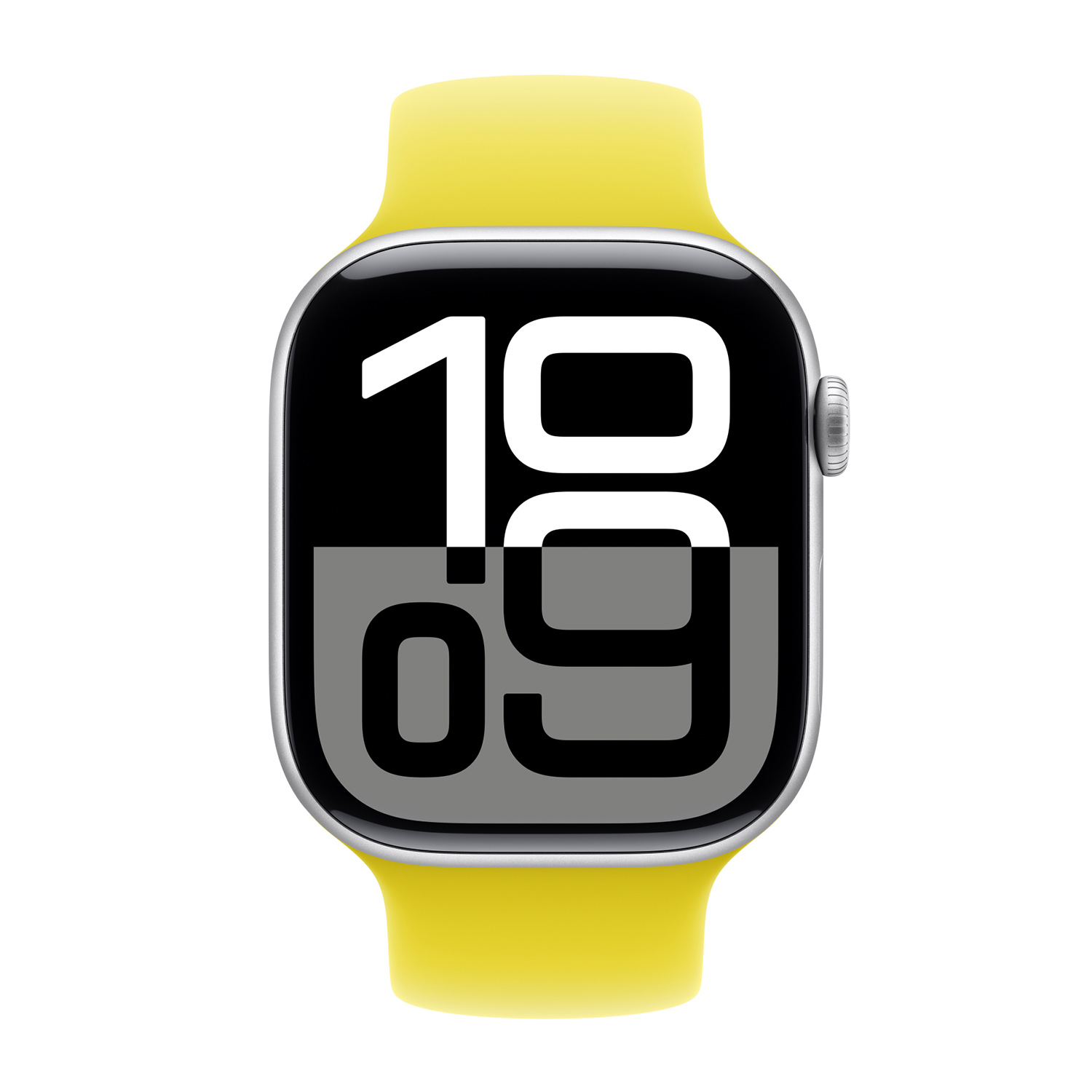 Uno smartwatch giallo mostra l'ora 19:09 su schermo nero.