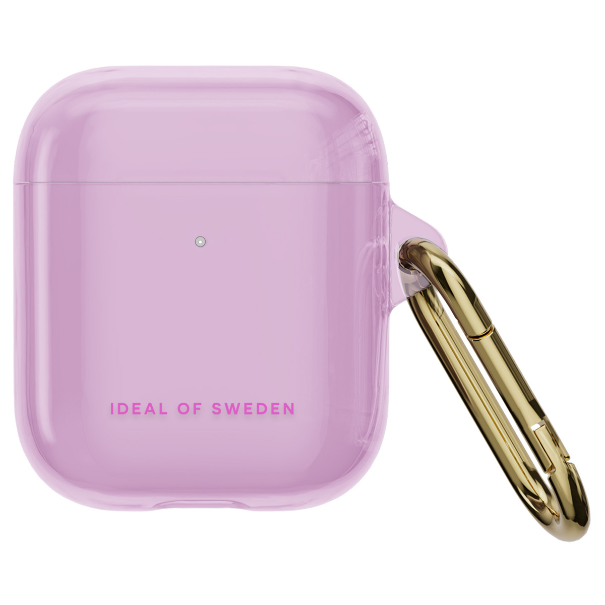 Een paarse AirPods-hoes met een gouden karabijnclip.