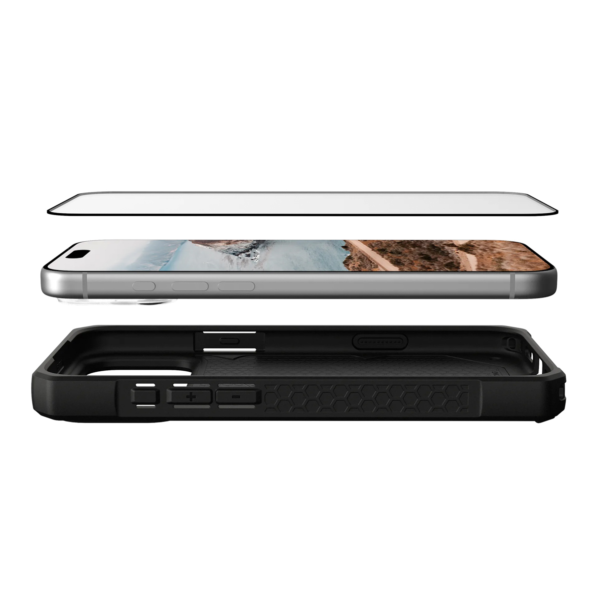Vista esplosa di uno smartphone con custodia protettiva e pellicola.