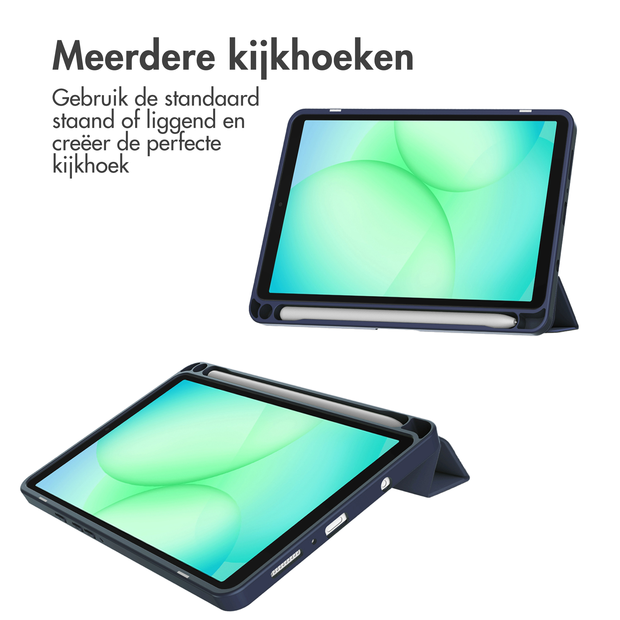 Blauwe tablethouder met penhouder, toont tablet in twee kijkhoeken.
