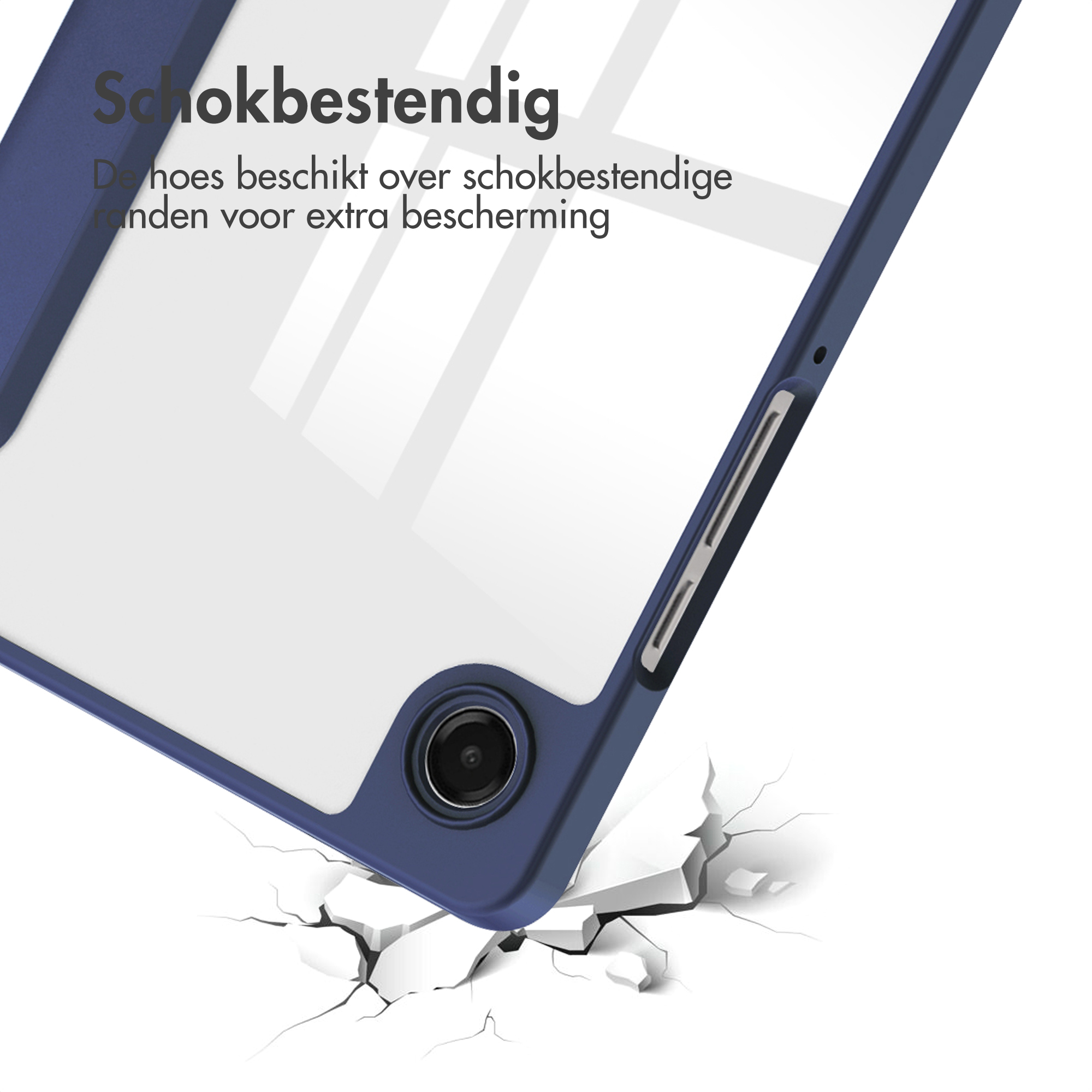 Een blauwe tablet case breekt door een witte ondergrond.