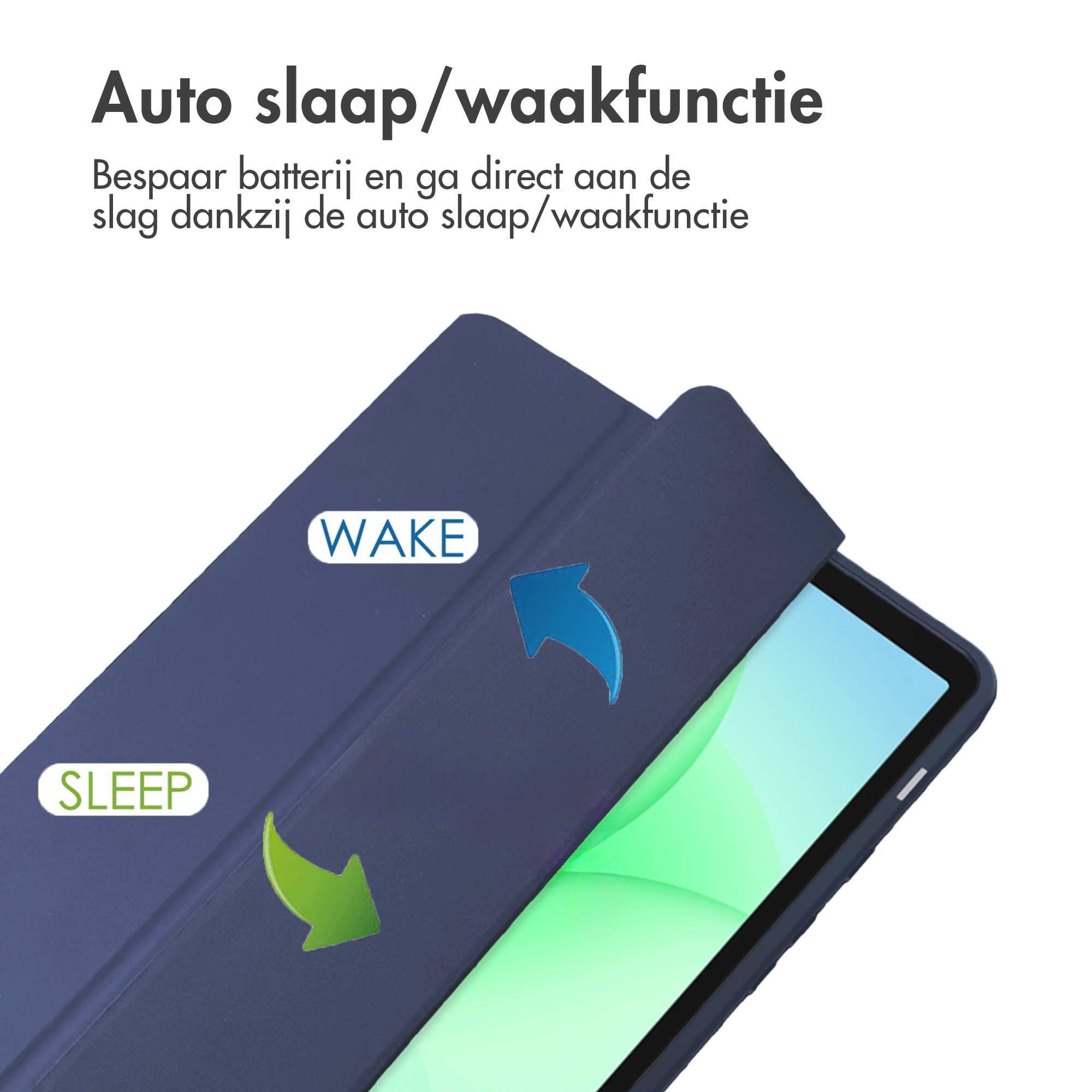 Donkerblauw tablethoes met "Sleep" en "Wake" labels en pijlen.