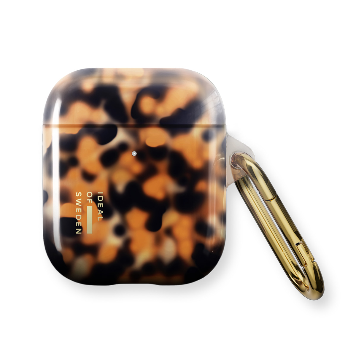 Een bruin-zwarte schildpadprint oortelefoonhoes met goudkleurige karabijnhaak.