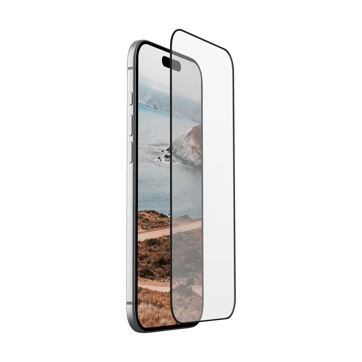 Uno smartphone argentato con pellicola protettiva che mostra un paesaggio.
