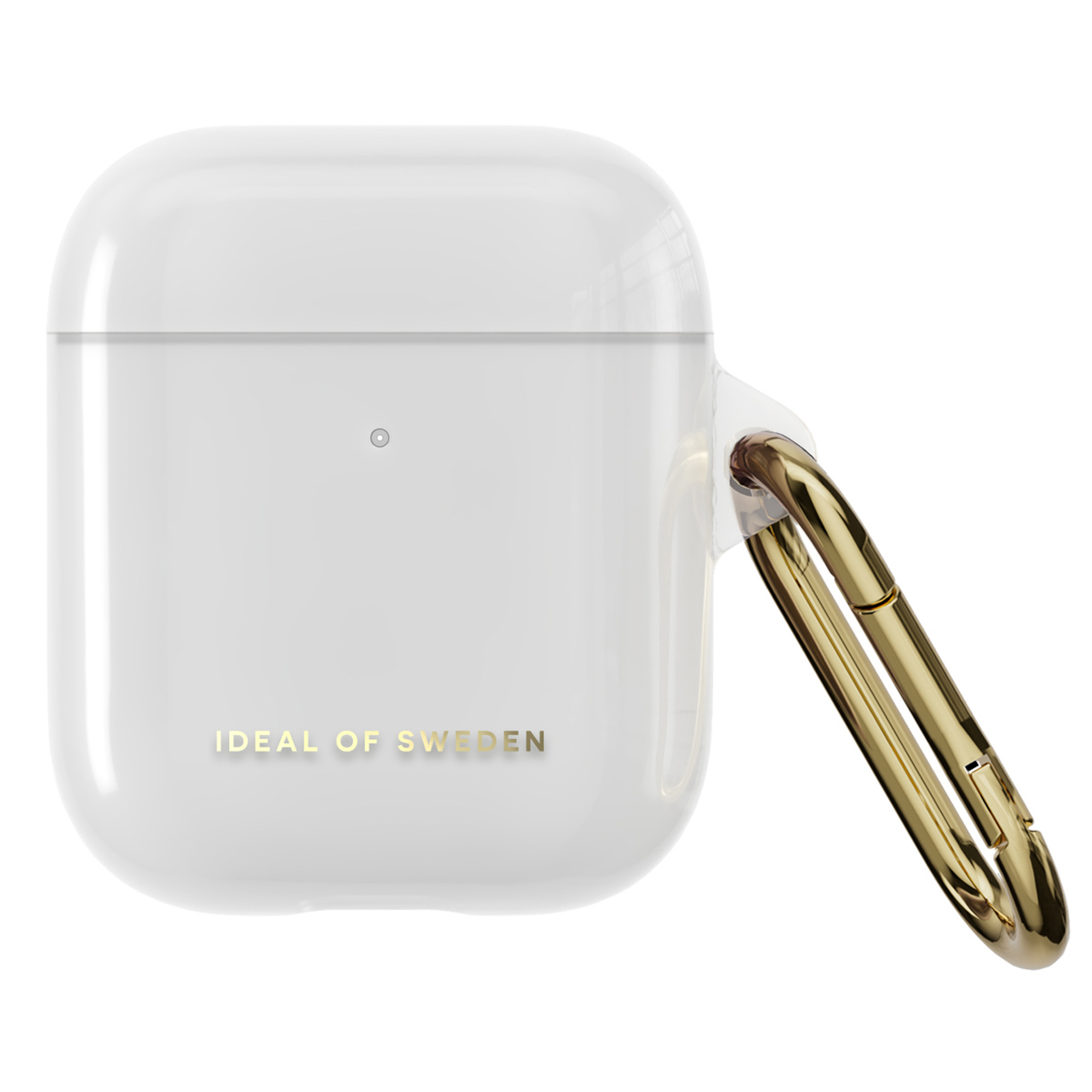 Wit hoesje met gouden karabijnhaak en logo.