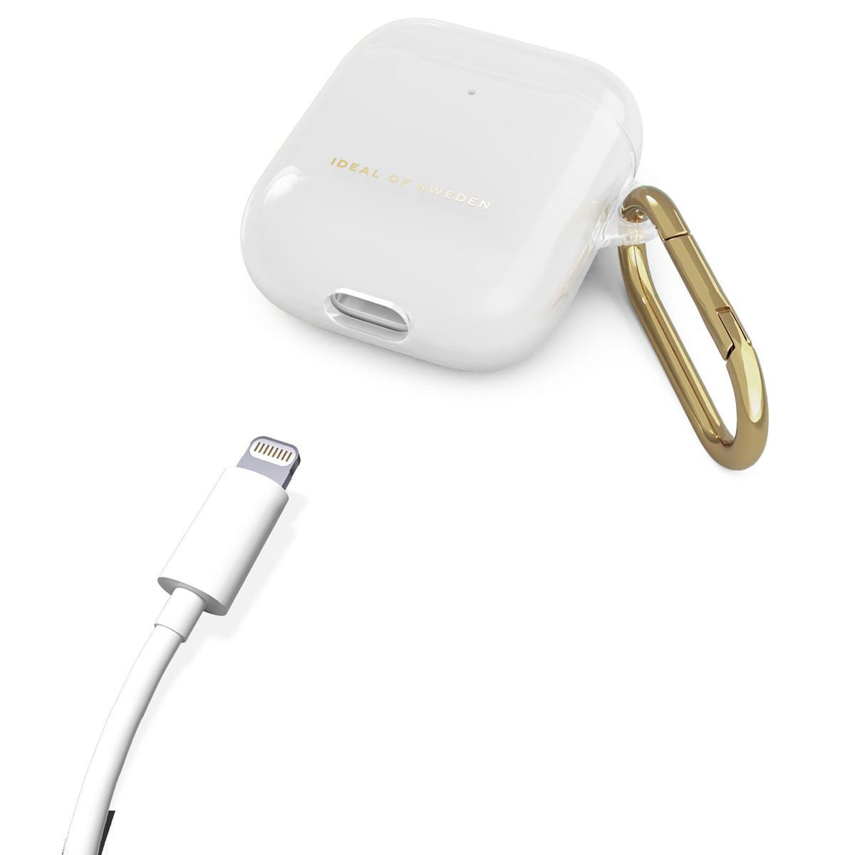 Witte AirPods case met gouden clip en witte oplaadkabel met lightning connector.