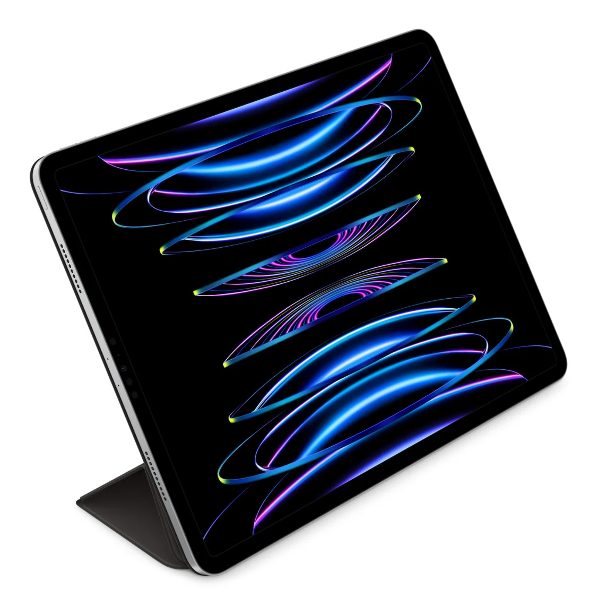 A black tablet displaying a colorful, abstract wallpaper. It is propped up.