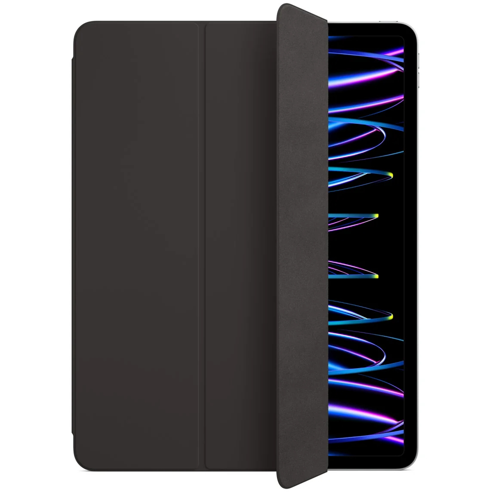 A dark tablet case with its flap open, revealing a colorful screen.