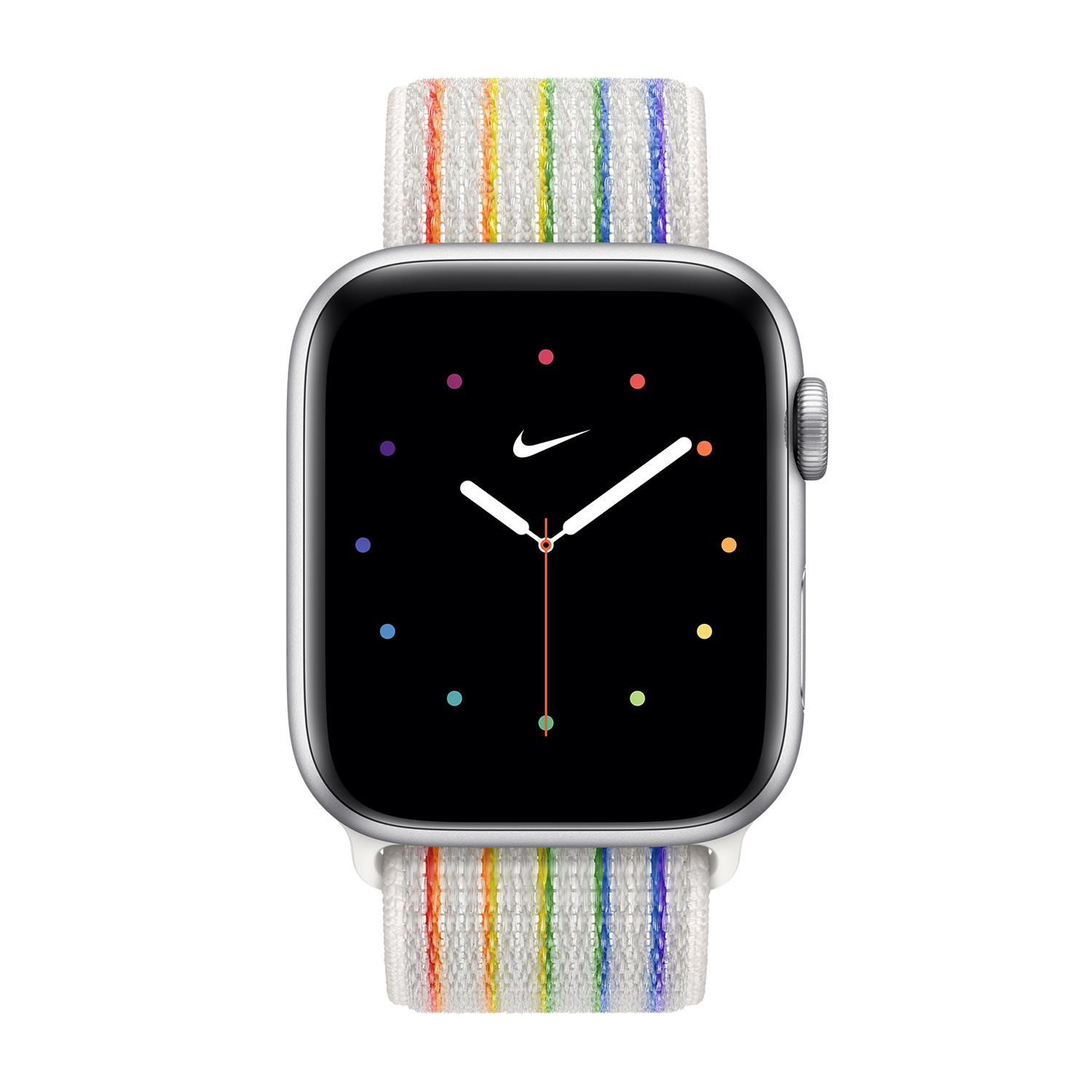 Een zilveren smartwatch met regenboogband en zwart wijzerplaat met kleurrijke stippen.
