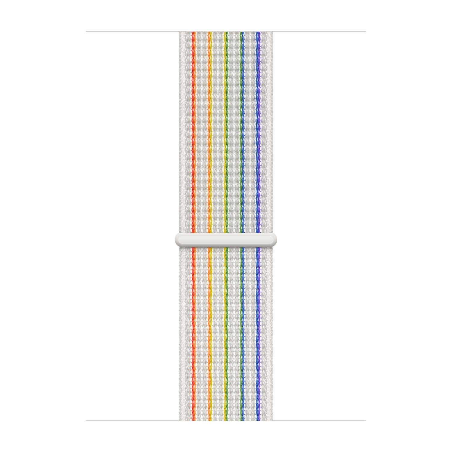 Een witte horlogeband met verticale regenboogstrepen en een witte lus.