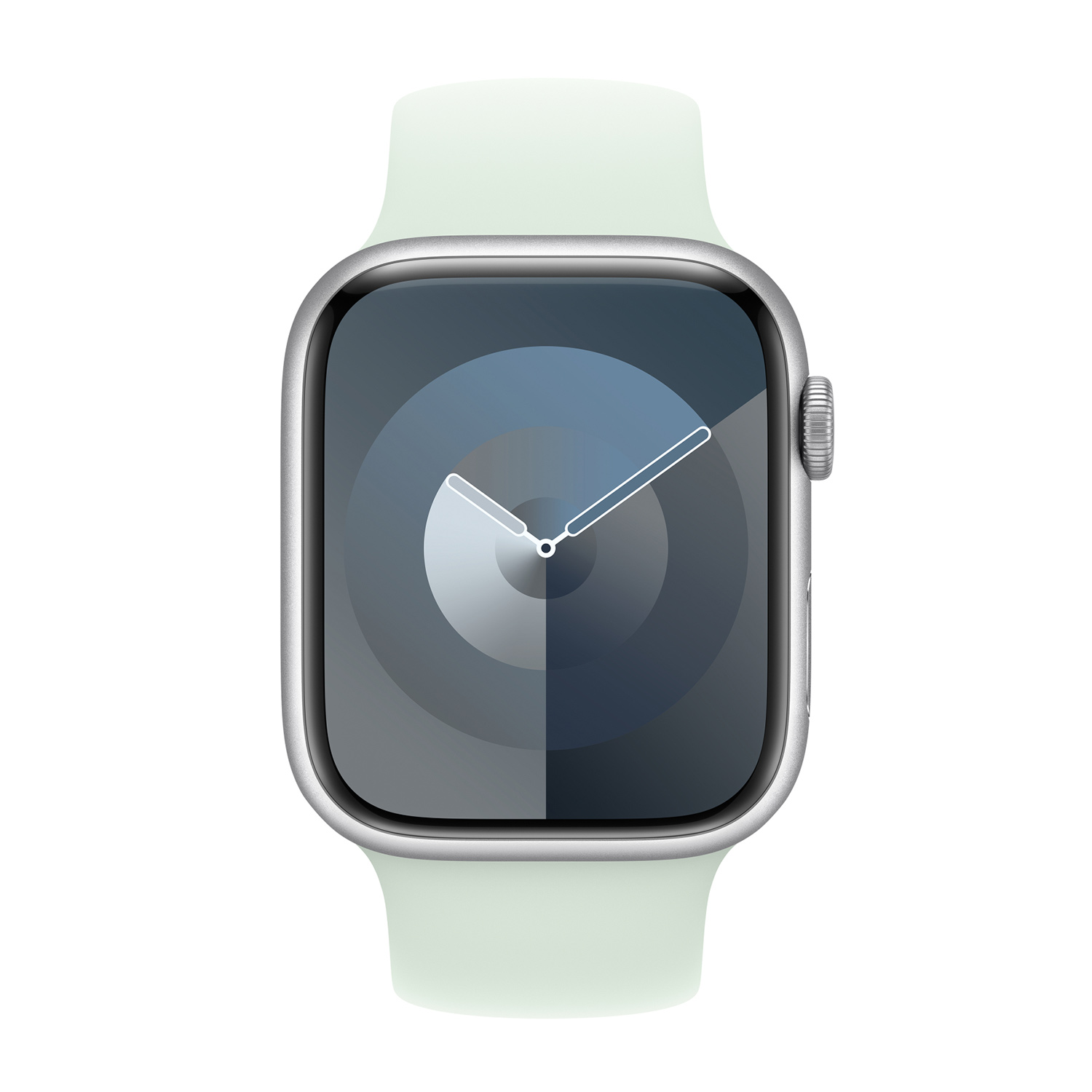 Uno smartwatch verde chiaro con cassa argentata e quadrante con cerchi concentrici.