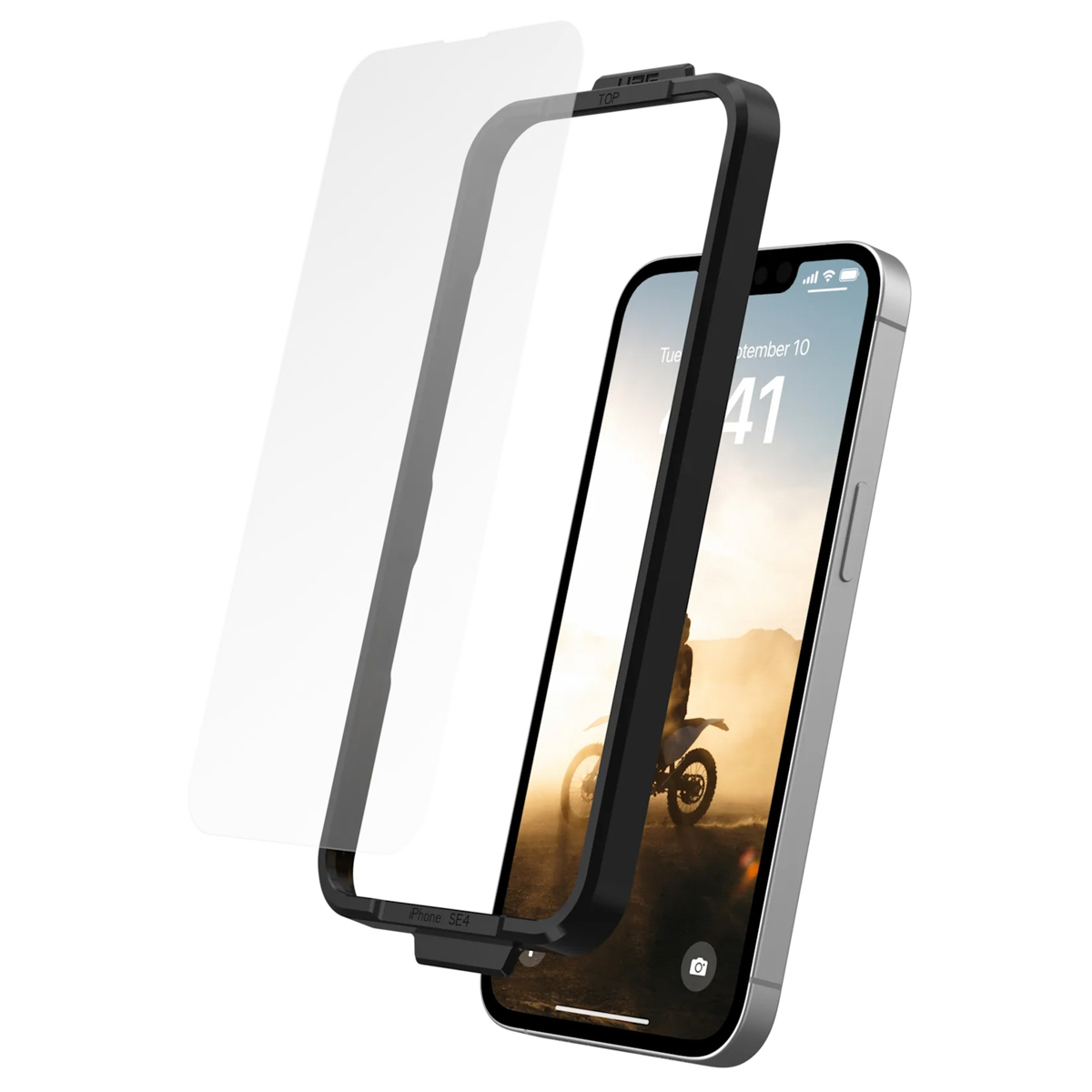 Una cornice nera per iPhone e protezione schermo su un iPhone con sfondo moto.