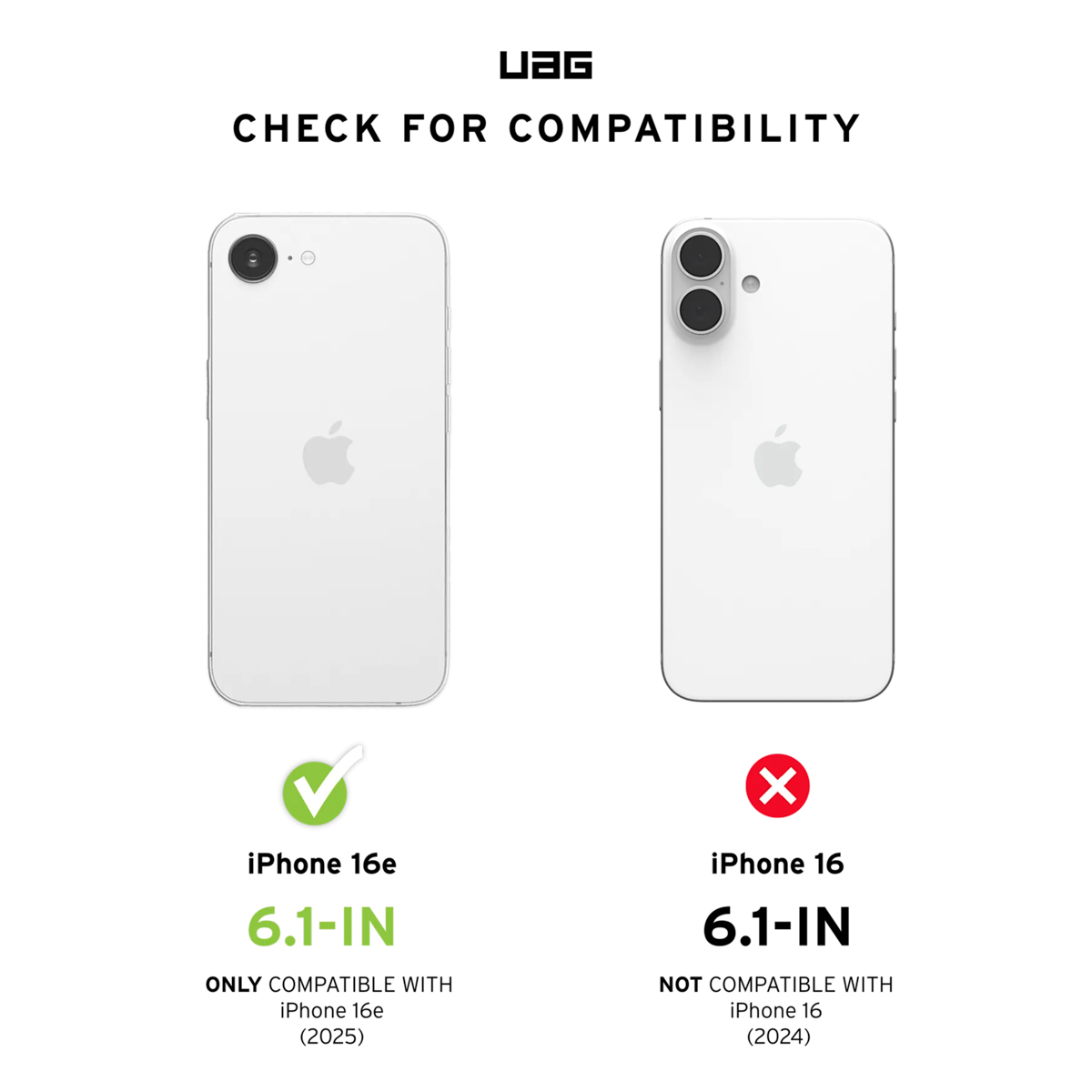 Confronto tra due iPhone: iPhone 16e è compatibile, iPhone 16 no.