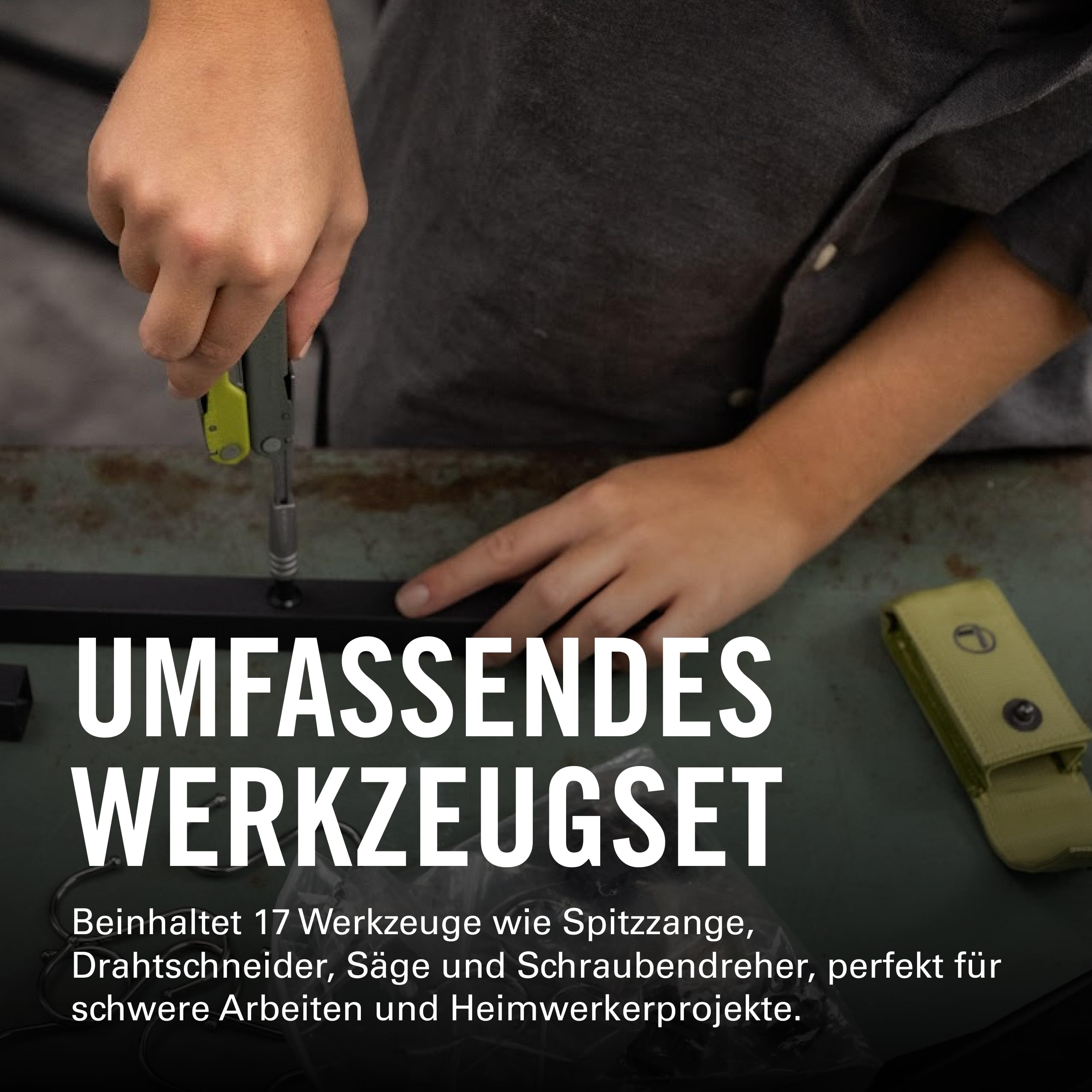 Person benutzt Werkzeug zum Schrauben. Werkzeugset mit 17 Teilen.