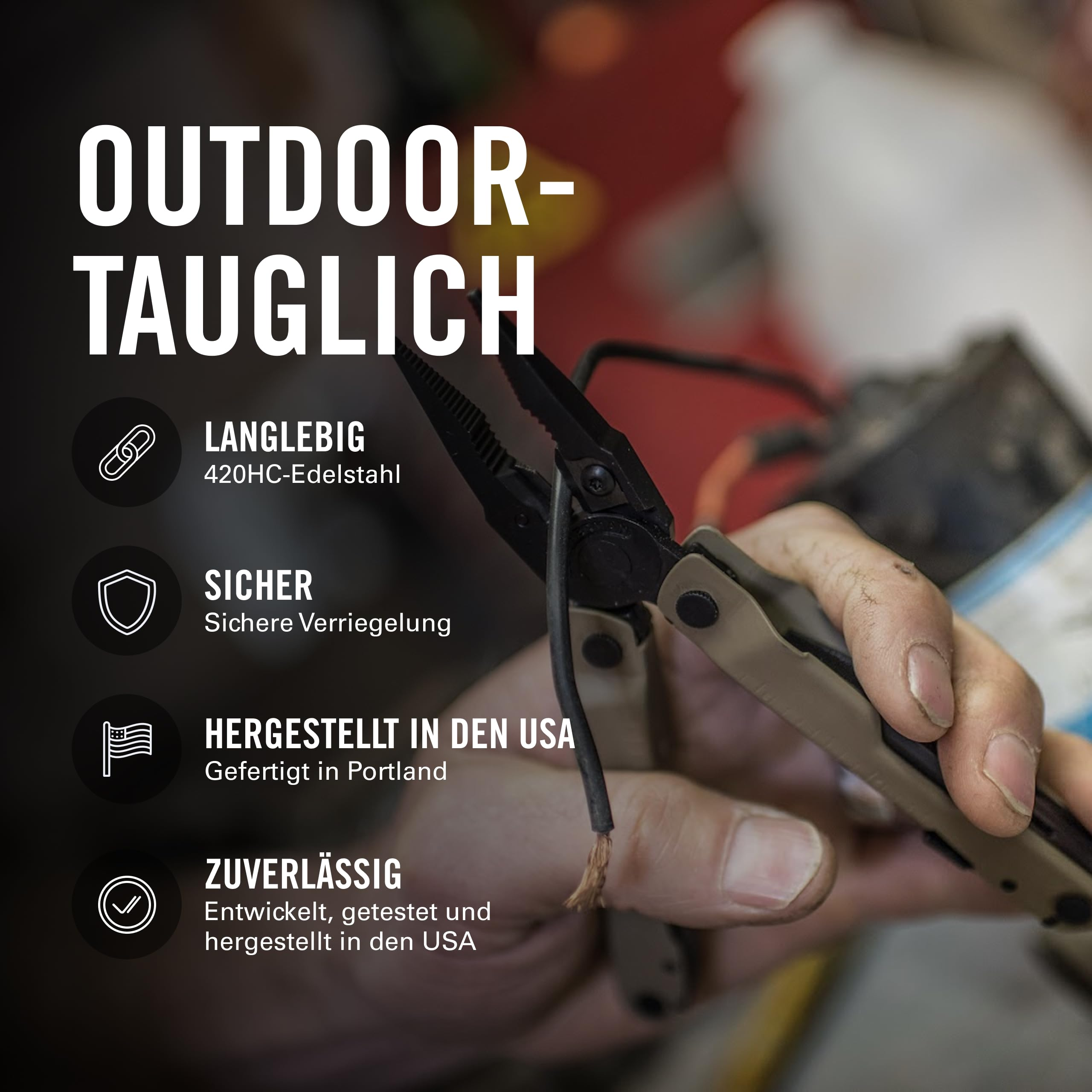 Ein Mann benutzt eine Zange, um ein Kabel zu halten. Texte beschreiben Haltbarkeit und Herkunft.