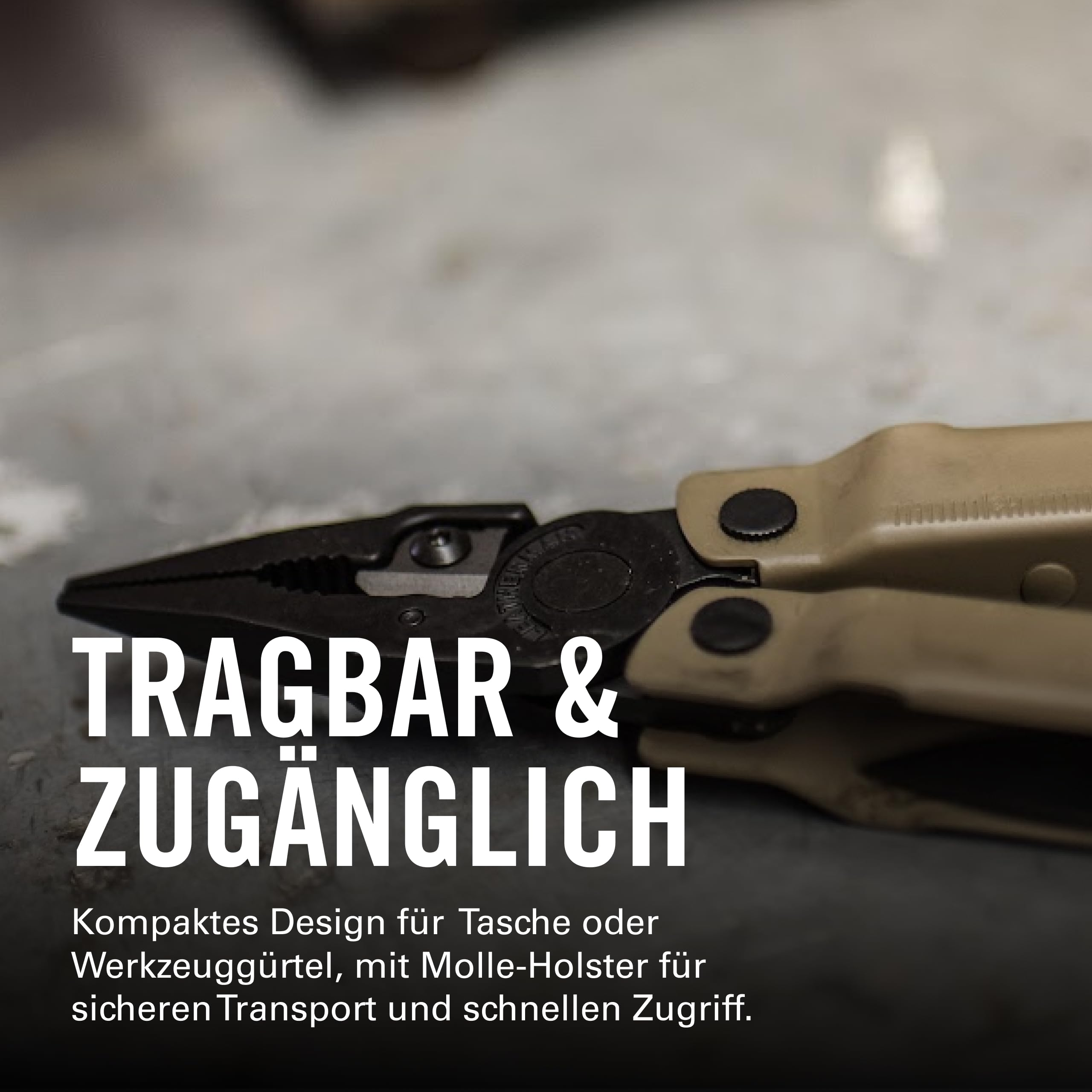 Eine beige Zange liegt auf einer grauen Oberfläche. Text auf Deutsch.