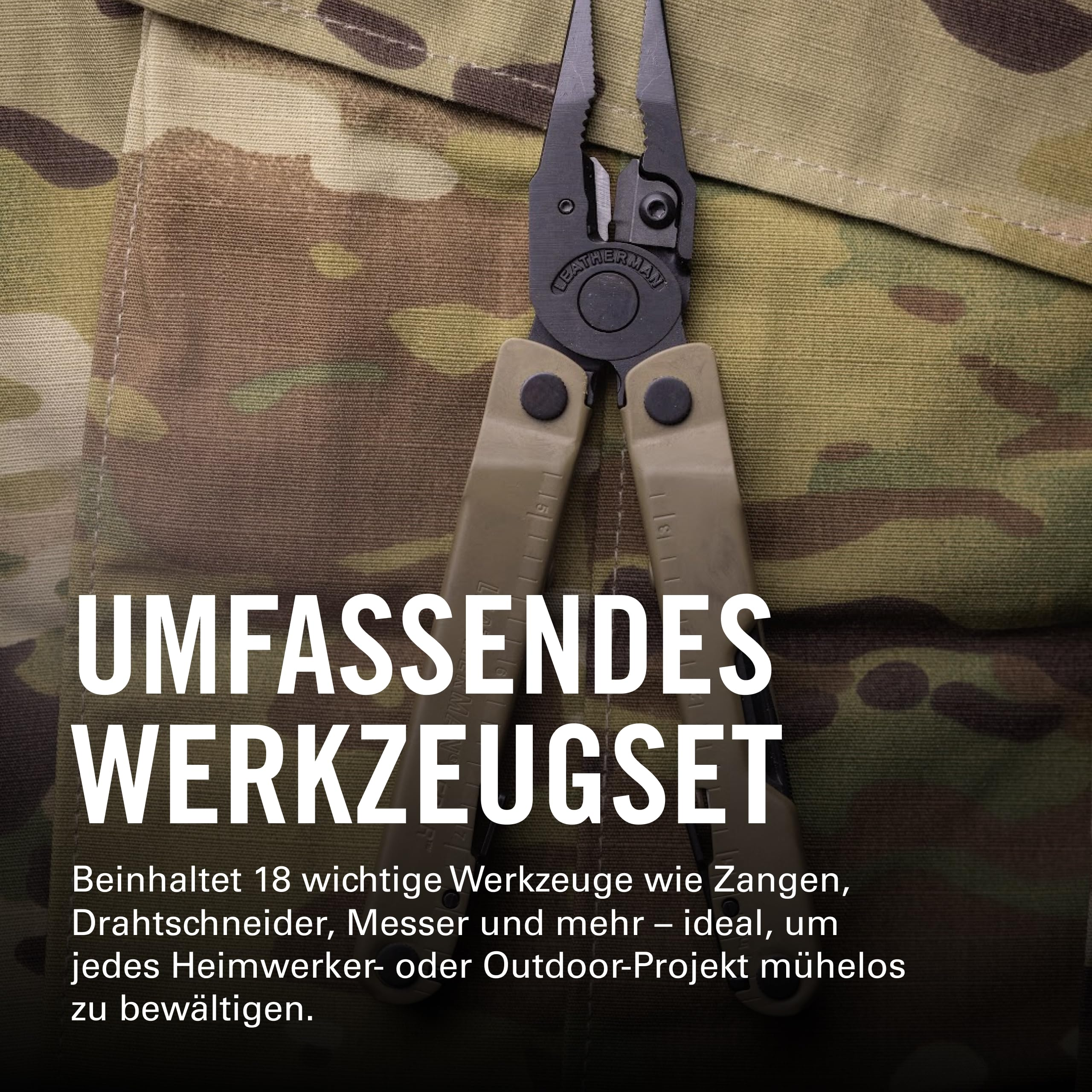 Ein Multitool mit Zangen und Griffen liegt auf camouflagefarbenem Stoff.